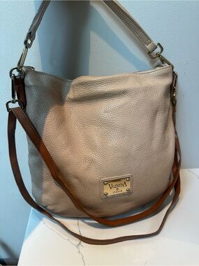 Valentina Beige Leather Shoulder Bag with Brown Strap